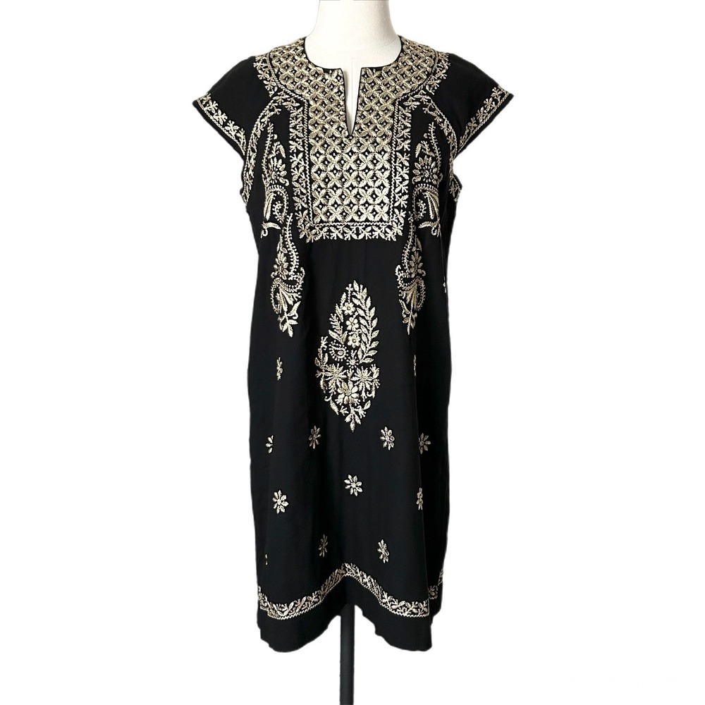 Roller Rabbit Faith Shift Dress Black Gold Metallic Embroidered Cotton Sz Small